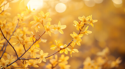 A golden forsythia bush in bloom with sunlight filtering through the branches, casting warm light on the petals.