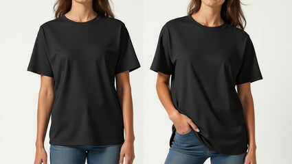 Black plain t-shirt mockup on female model for branding, fashion design, and apparel template