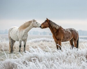 Fototapeta premium Two horses nuzzle affectionately in a frost-covered field, symbolizing warmth, love, and companionship in the heart of winter.