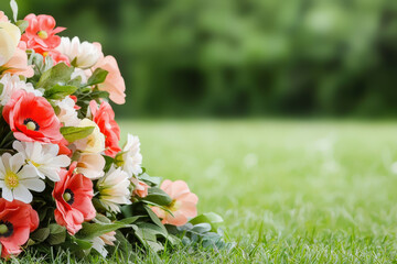 Beautiful arrangement of colorful flowers on green grass, evoking sense of peace and remembrance