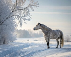A magnificent horse stands proudly in a snowy landscape, its breath visible in the crisp winter air.