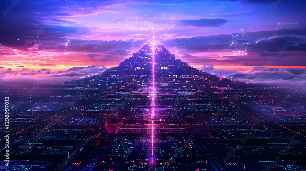 Poster abstract cityscape at sunset with gradient sky showing digital structure lines and glowing lights
