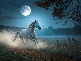 A Red Fire Horse leading a herd of spectral fire horses across a burning desert, their bodies made of living flames, breathtaking fantasy illustration, ultra-HD, immersive composition