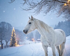 A magnificent horse stands proudly in a snowy landscape, its breath visible in the crisp winter air.