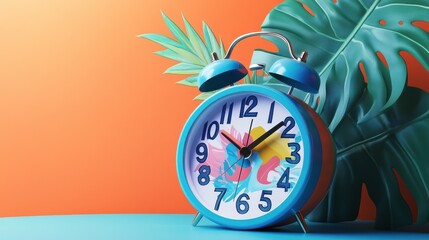 A colorful alarm clock displays a digital time with vibrant design elements and playful text overlay for added emphasis._00001_