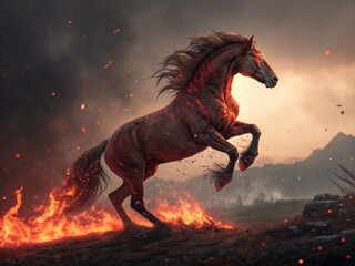 A majestic Red Fire Horse standing in an enchanted forest, the trees glowing with ember-like light, a mystical atmosphere, fantasy illustration, ultra-realistic fire and lighting effects