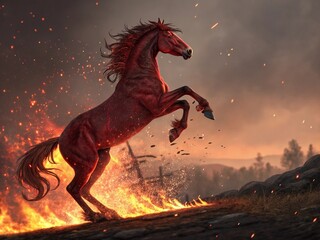 A celestial Red Fire Horse galloping through the cosmos, leaving a trail of burning stardust, nebula background, vibrant fantasy colors, 3D-rendered in 16K quality