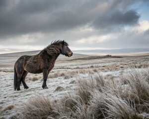 Close-up of a horse's face outdoors in winter. Close-up of a brown horse's head on a winter day.