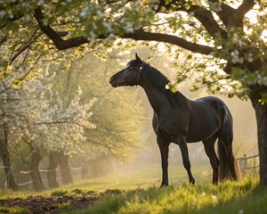Black horse with white flowering fruit