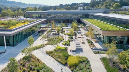 Sustainable corporate campus with green roofs and landscaped courtyard