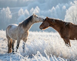Two horses nuzzle affectionately in a frost-covered field, symbolizing warmth, love, and companionship in the heart of winter.