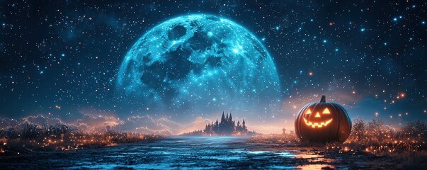 Spooky Halloween pumpkin on a dark night with castle and full moon