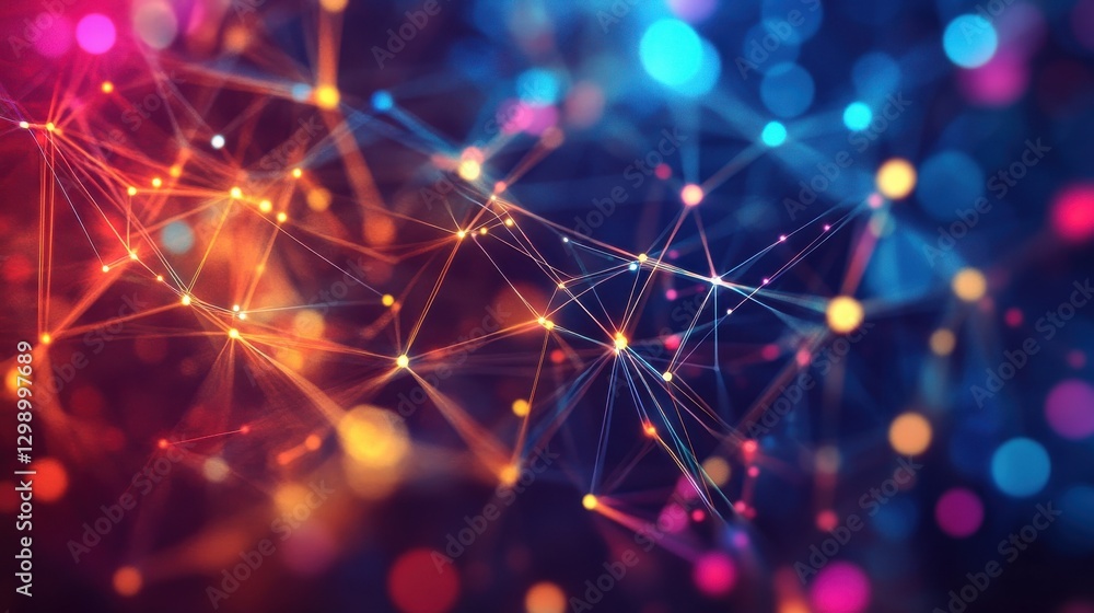 Poster colorful network of interconnected nodes and lines in a digital setting