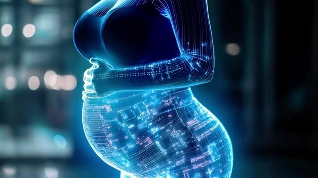 A futuristic concept showcases a pregnant individual enveloped in digital bioengineering elements.