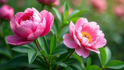 Fototapeta premium Beautiful pink peony blossoms with lush green leaves, perfect for wedding decor or nature backdrop, flowers, pink, decor