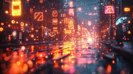 Naklejka premium Exploring Vibrant Neon Cityscape at Night with Reflections on Wet Pavement