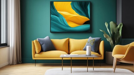 Abstract mustard yellow and teal artwork, with flowing shapes and vibrant colors for a bold look