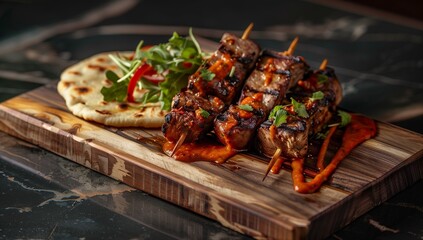 High-end food photography of meat kebabs on a wooden board.