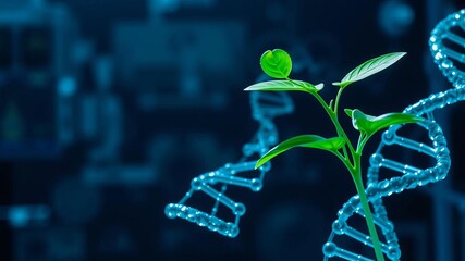 Biotechnology concept with plant and DNA double helix, science, innovation