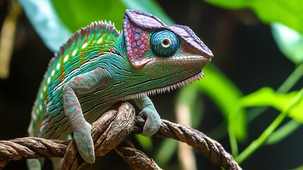 Obraz premium Stunning Panther Chameleon gripping a twisted vine its scaly skin shifting between shades of green blue and red eyes rotating independently as it scans the environment