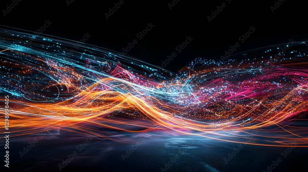 Poster abstract glowing light trails in motion forming dynamic curves against dark background