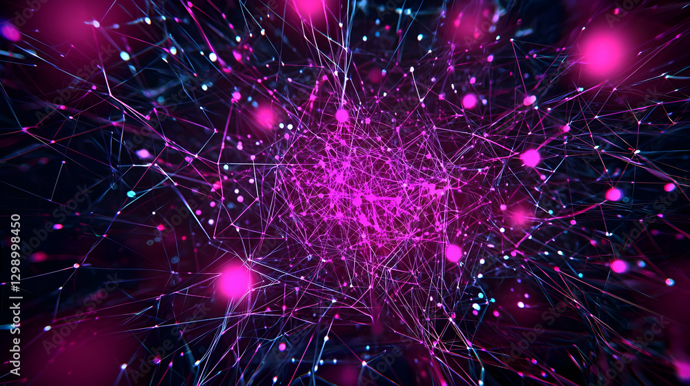 Poster abstract digital network visualization with pink and blue lines spheres and dots against black backg