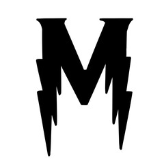 Magic Bold letter m of latin english language. Black font symbol in hand drawn doodle style. Vector illustration isolated on white background. For presentation, logo, branding, font, education.