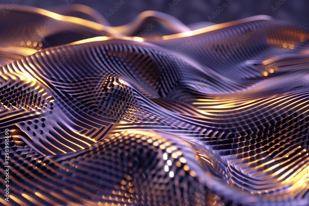 Poster 3d render, abstract background with metallic waves and glowing lines.