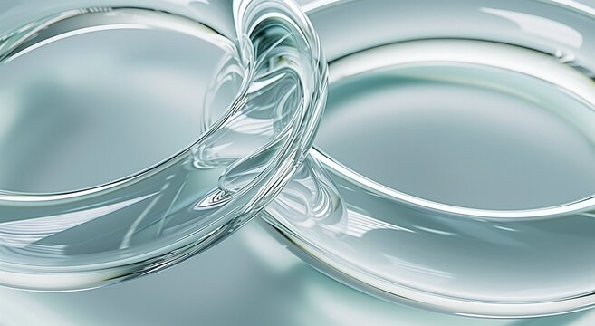 Two wedding rings, simple glass texture, close-up, light blue background, 3D rendering.