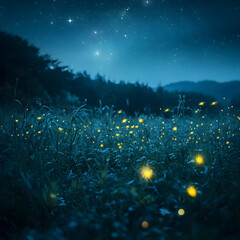 "A Starry Night with Fireflies Twinkling in a Spring Meadow, Magical and Nocturnal"