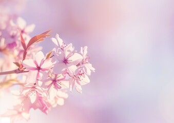 Close-up of delicate cherry blossoms in soft pastel colors, the background is softly blurred to create an ethereal and dreamy atmosphere.