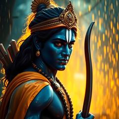 A digital art of Lord Ram, the seventh avatar of Vishnu, is a symbol of dharma, virtue, and righteousness. He is depicted with a bow, wearing a yellow dhoti and a crown, embodying divine grace