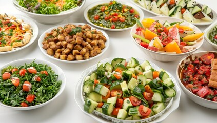 A variety of delicious, healthy dishes including a green salad with cucumber, tomato, and basil on a white background.