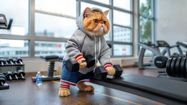 A funny orange cat in a gym holds heavy dumbbell, putting great effort into lifting for a bicep curl exercise. The cat is dressed in a gray hoodie. Gym equipment, weights. Funny pet sport concept