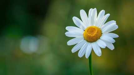A close-up of a single daisy flower with a blurred green background with