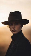 Woman vintage hat looking distance beige mist