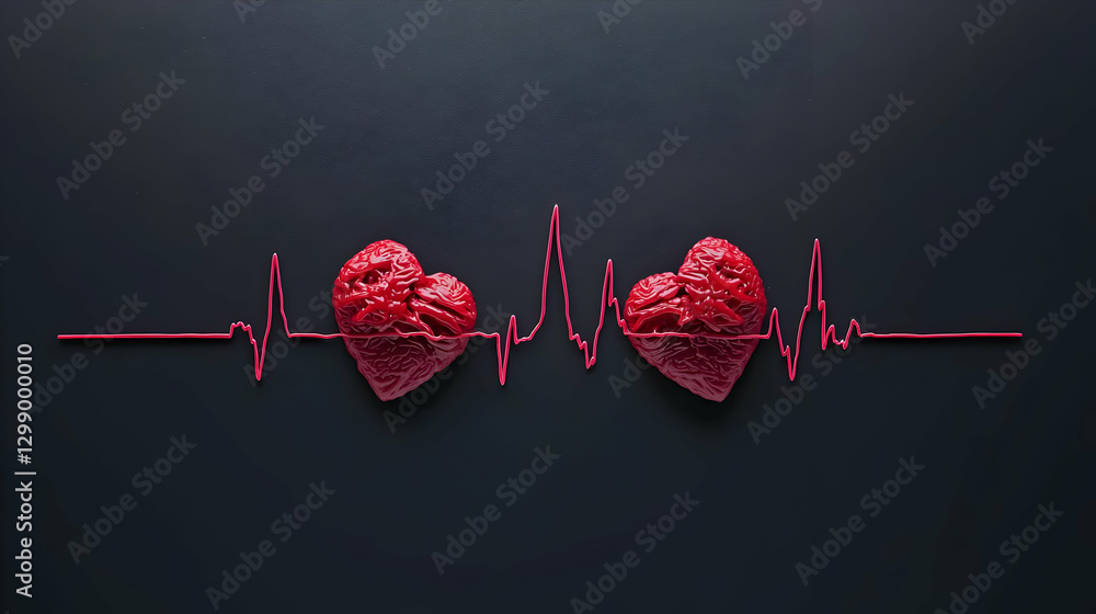 Poster two red pixelated hearts with pulse line on dark textured background