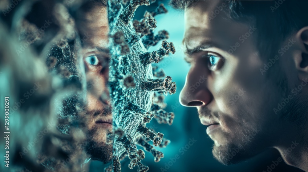 Poster a man is staring at his reflection in a mirror that's been distorted by the covid-19 virus.