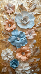 3D wallpaper with blue and pink flowers, golden leaves, and pearls 
