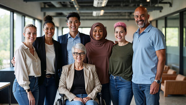 Group of diverse men and women, multiethnic team of businesspeople standing together in office, showing teamwork, inclusion and diversity in workplace with a senior businesswoman in a wheelchair