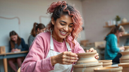 Young smiling Latina, woman with pink hair and white apron smiling while making a clay pot in a pottery workshop surrounded by other artisans working on their crafts, learning new skill or hobby
