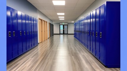 Fototapeta premium A clean and modern school hallway with rows of blue lockers on either side. The hallway features welllit surroundings with wooden doors and a clear view towards the exit. 