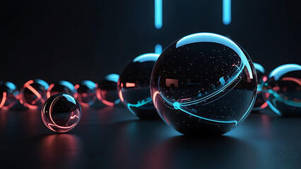 Glowing glass spheres with glowing lines on dark background. 3D rendering