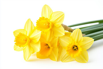 Fototapeta premium Yellow Daffodils on White Background. Close-up of yellow daffodils on a white background. Ideal for spring designs and floral decorations.