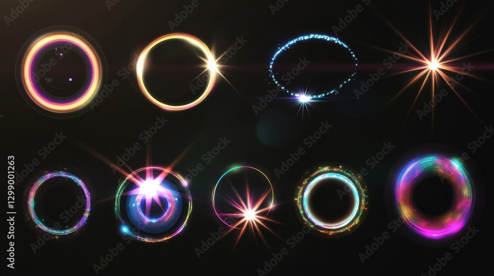 Poster bright light lens flares with various shapes and sizes on black background, creating stunning visual