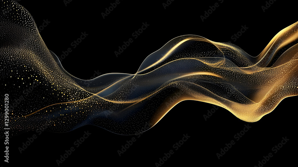 Poster abstract gold glittering wave forms over black background elegant design with golden sparkles and dy