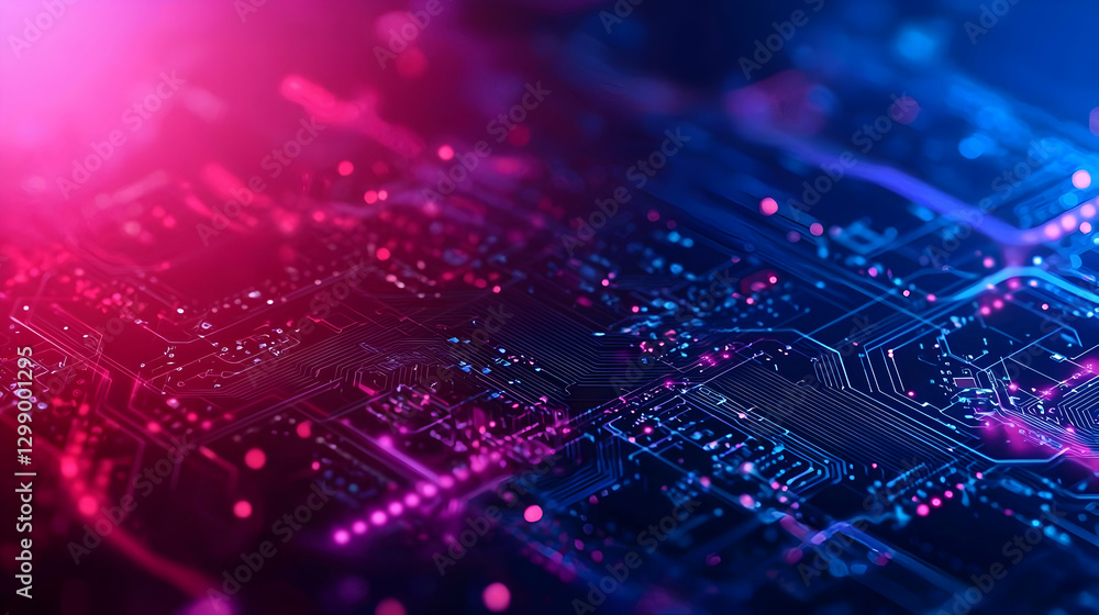 Poster abstract circuit board with red and blue glowing electronic lines and data nodes