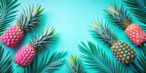 Fototapeta premium Tropical Delight Vibrant Pink and Green Pineapples Adorned with Lush Palm Fronds on a Turquoise Background