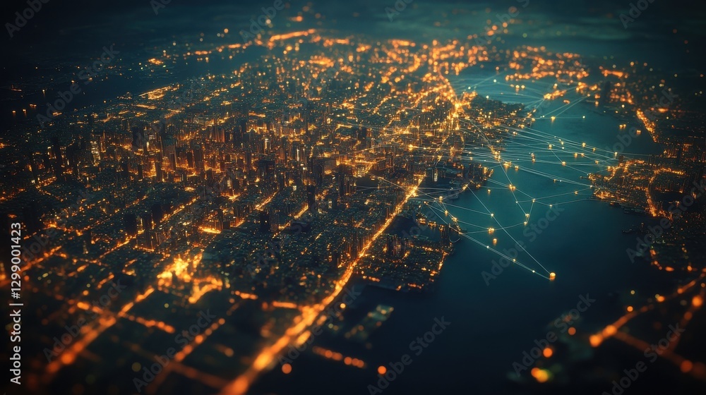 Poster a glowing network of lines connecting cities around the world, symbolizing global connection and com