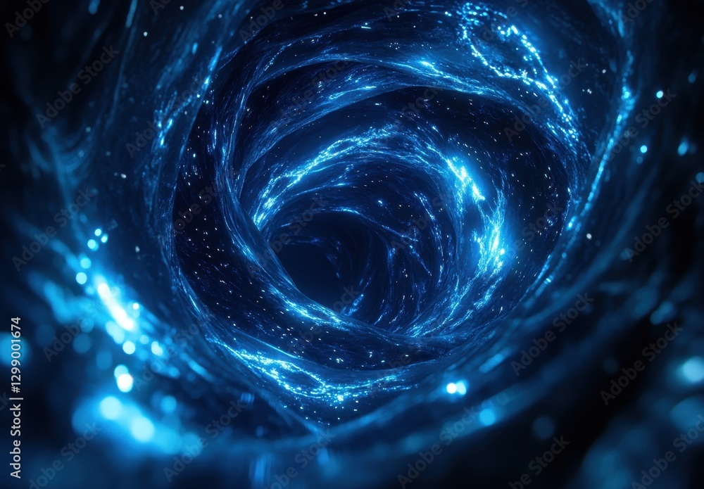 Poster mesmerizing abstract deep space tunnel with glowing blue light particles and swirling energy pattern